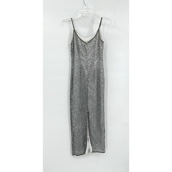 vintage 90s STENAY slip dress 100% silk gown beaded column silver metallic 2P - Picture 5 of 9
